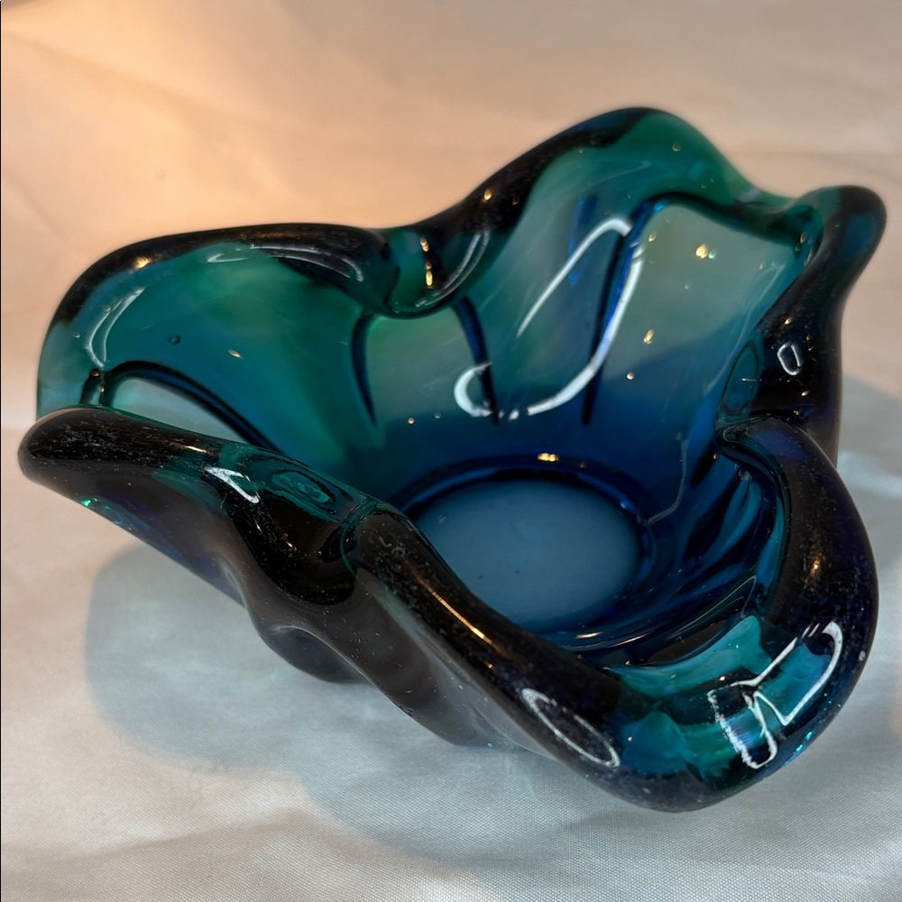 Vintage Murano Style Blue-Green Glass Art Bowl/MCM